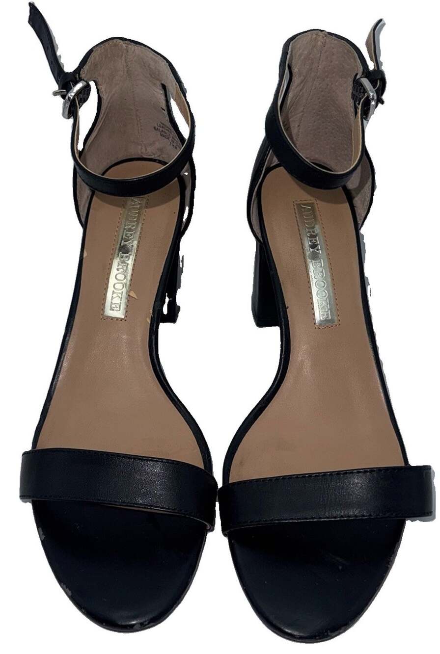 Audrey Brooke Nadine Black Leather Ankle Strap Block Heel Sandals 7.5M